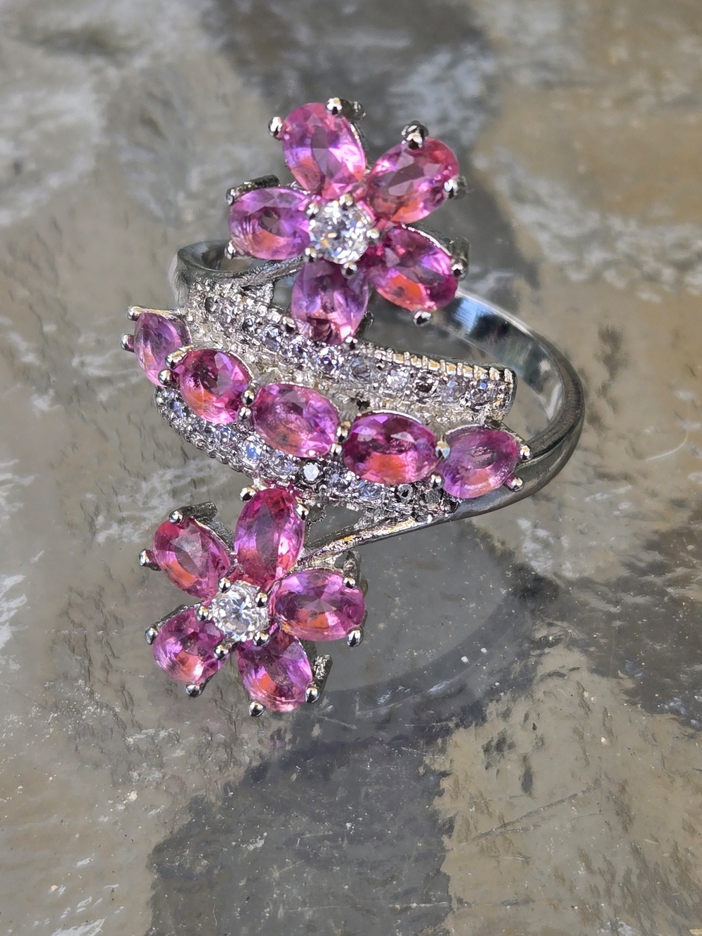 Pink Floral Crystal Ring - Women Jewelry Size 8